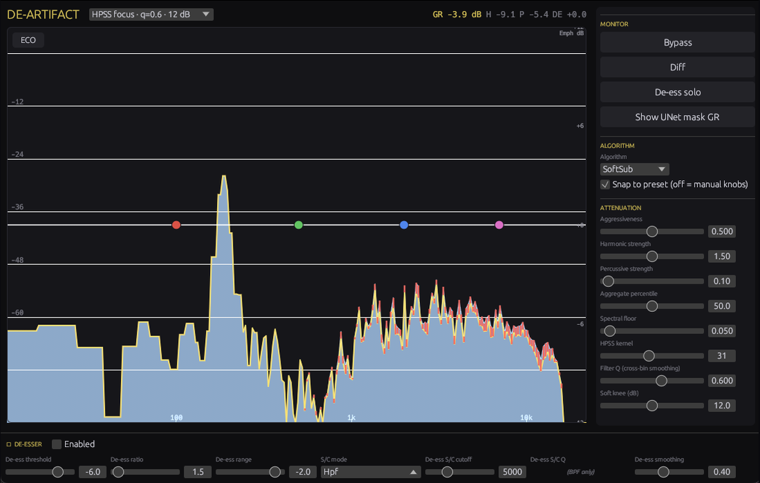 de-artifact plug-in interface — HPSS spectrum view, attenuation parameters, de-esser controls