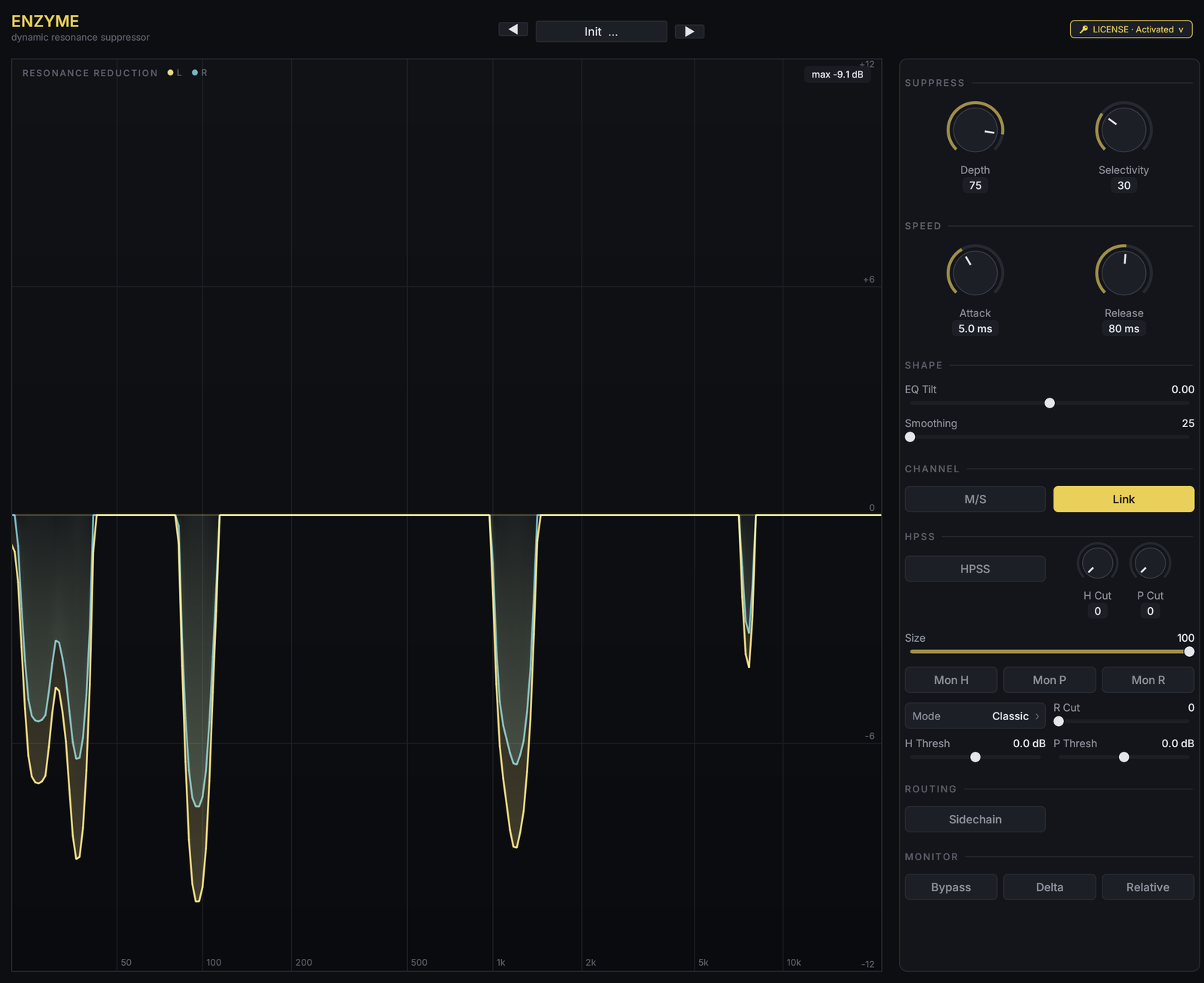ENZYME plug-in interface — resonance reduction curve across the frequency axis with depth, selectivity and HPSS controls