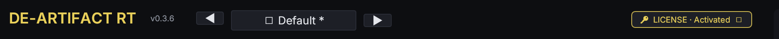de-artifact header strip: product name and version, preset stepper, and licence badge.