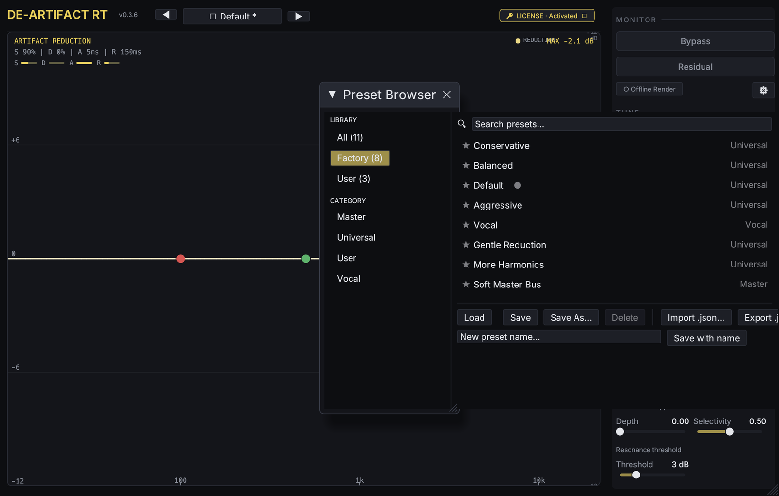 The de-artifact preset browser, listing the eight factory presets with their categories.