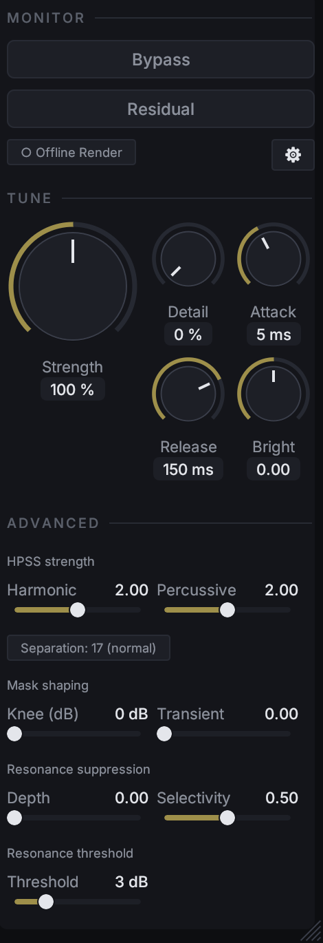 The de-artifact control sidebar showing the MONITOR, TUNE and ADVANCED groups.