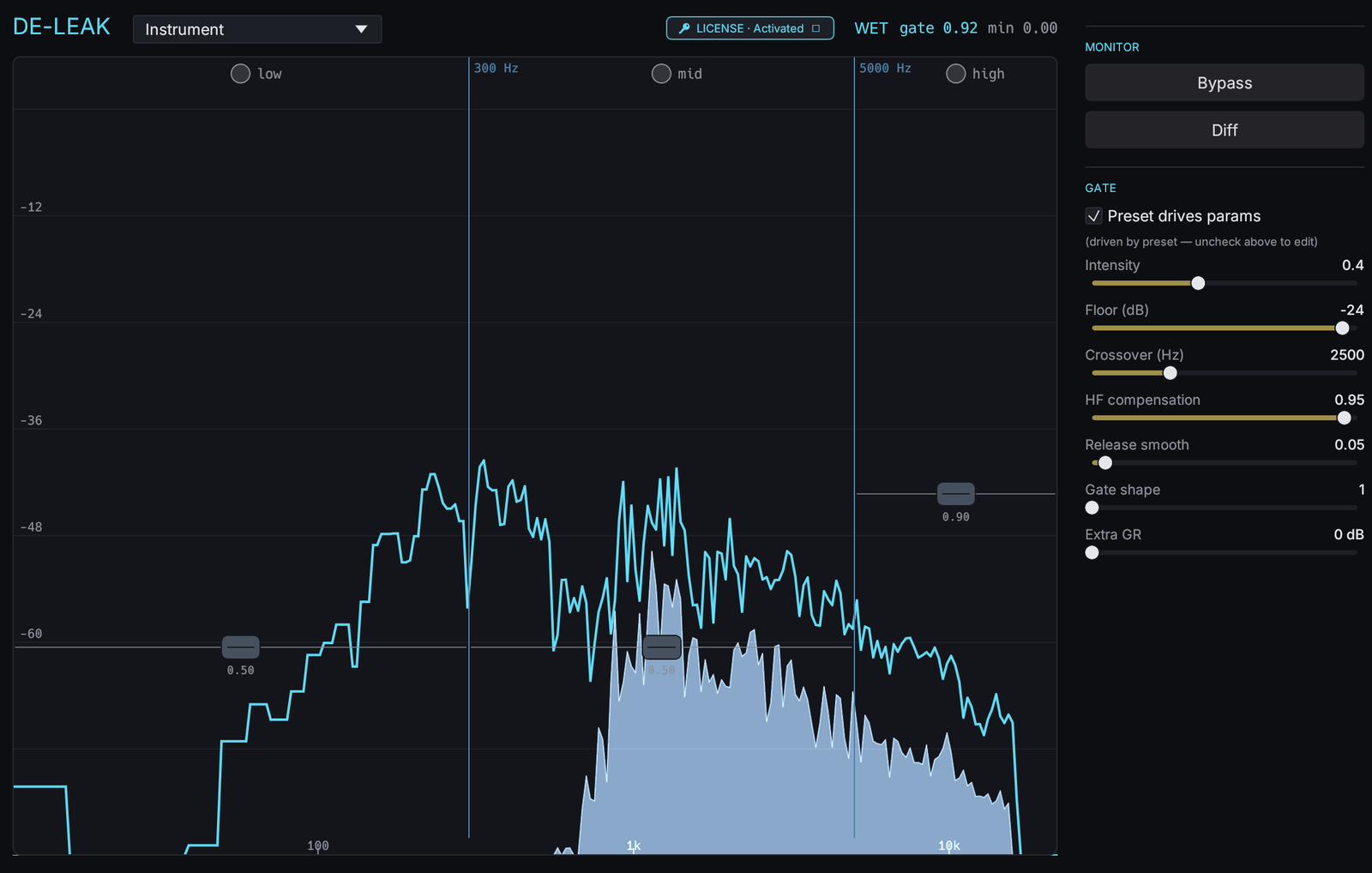 de-leak with the Instrument preset on a drum stem.