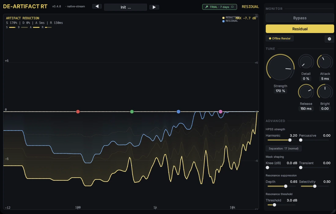 The complete de-artifact 0.4.8 window processing a vocal stem, with yellow reduction and blue residual curves, toolbar, Tune controls and Advanced settings.