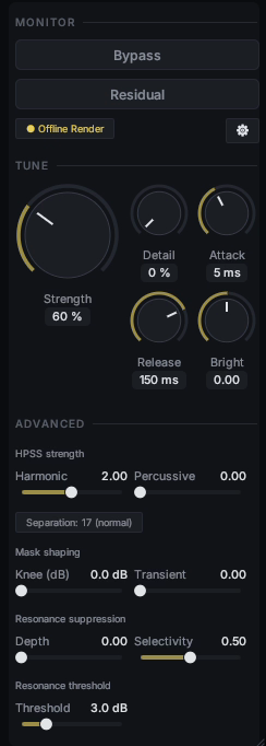 The control panel of the de-artifact 0.4.7 window: Bypass and Residual; the Tune knobs at Strength 60 %, Detail 0 %, Attack 5 ms, Release 150 ms and Bright 0.00; and the Advanced settings, HPSS strength Harmonic 2.00 and Percussive 0.00, Separation 17 (normal), Knee 0.0 dB, Transient 0.00, Depth 0.00, Selectivity 0.50 and Threshold 3.0 dB.