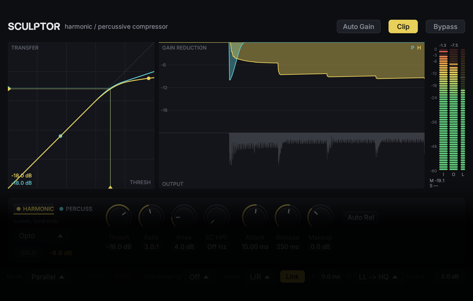 Sculptor plug-in interface — transfer curve and gain-reduction history drawn for the harmonic and percussive halves at once, above one row of per-half compressor controls